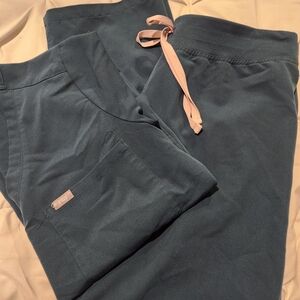 Figs Caribbean Blue Scrub Pants with Pink Tie